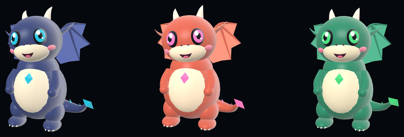 Trois Kiffy, les assistants IA de KiffOS : des petits dragons bleu nuit, corail et émeraude